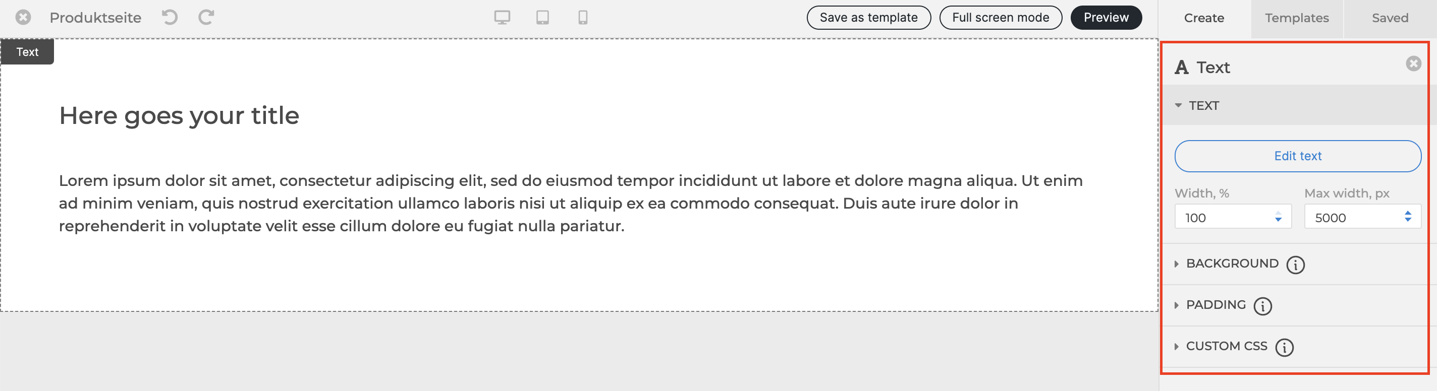 "Text" block in the page builder